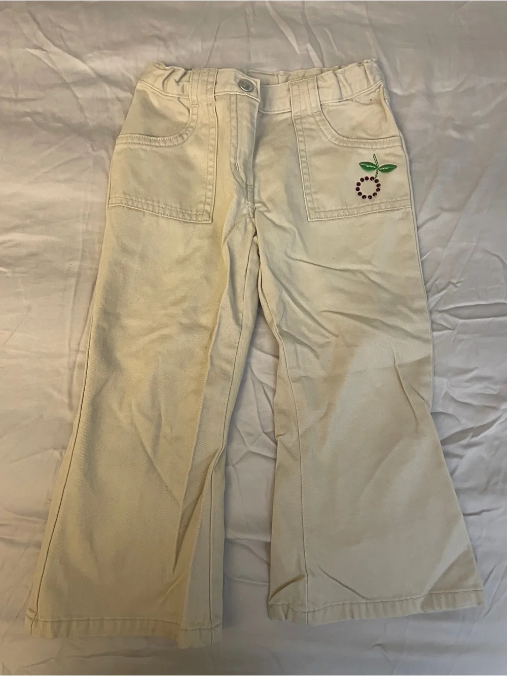 Gymboree Kids Khaki Flared Pants with Cherry Embroidery Sz 3 Adjustable waist